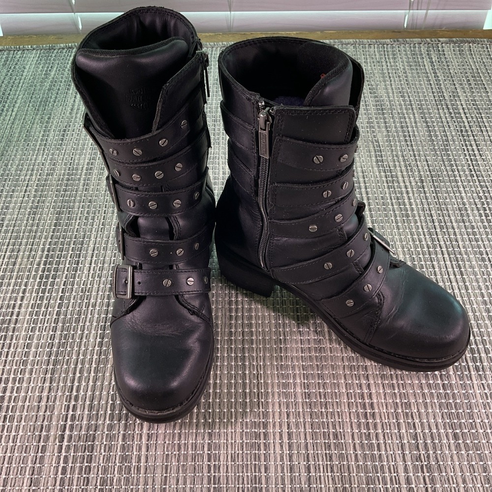 Harley-Davidson Womens Black Leather 5 Buckle Moto Boots D84487 Size 8 M